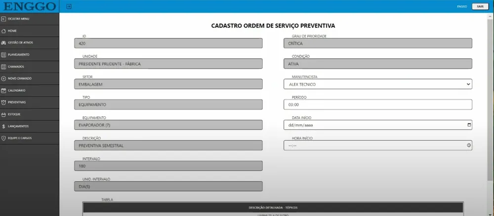 Cadastrar ordem preventiva